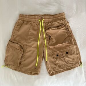 Men's Tan Cargo Shorts with Neon Accents